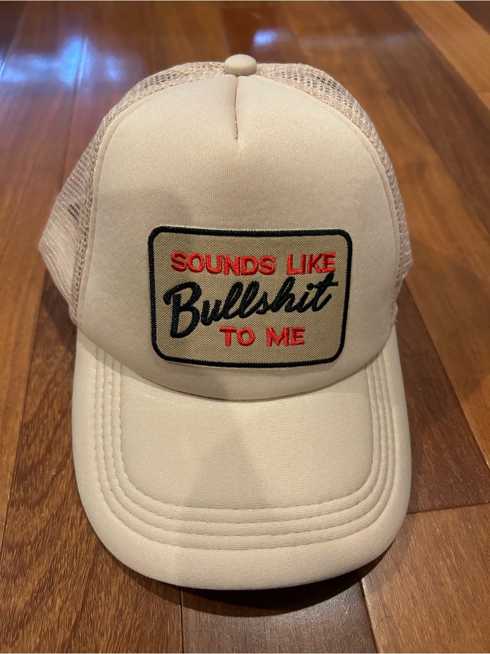 Source Unknown Cream Trucker Hat with Red and Black Patch